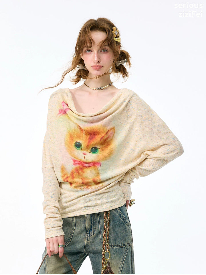 Cat Graphic Cowl Neck Knit Top