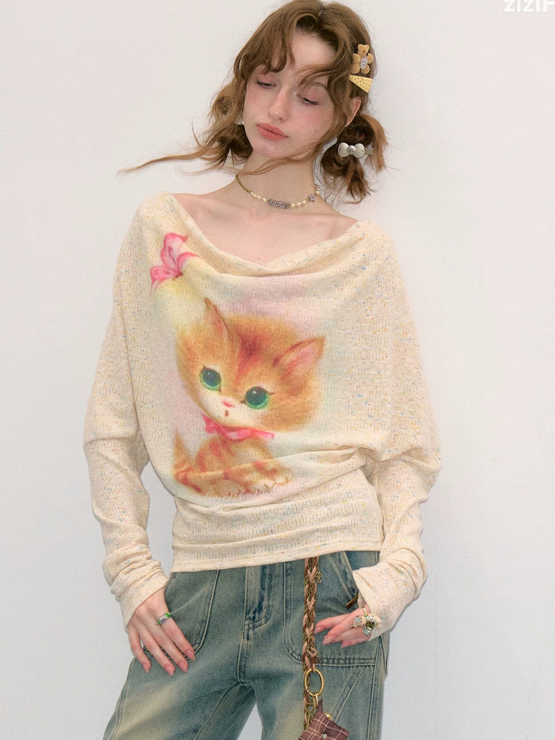 Cat Graphic Cowl Neck Knit Top