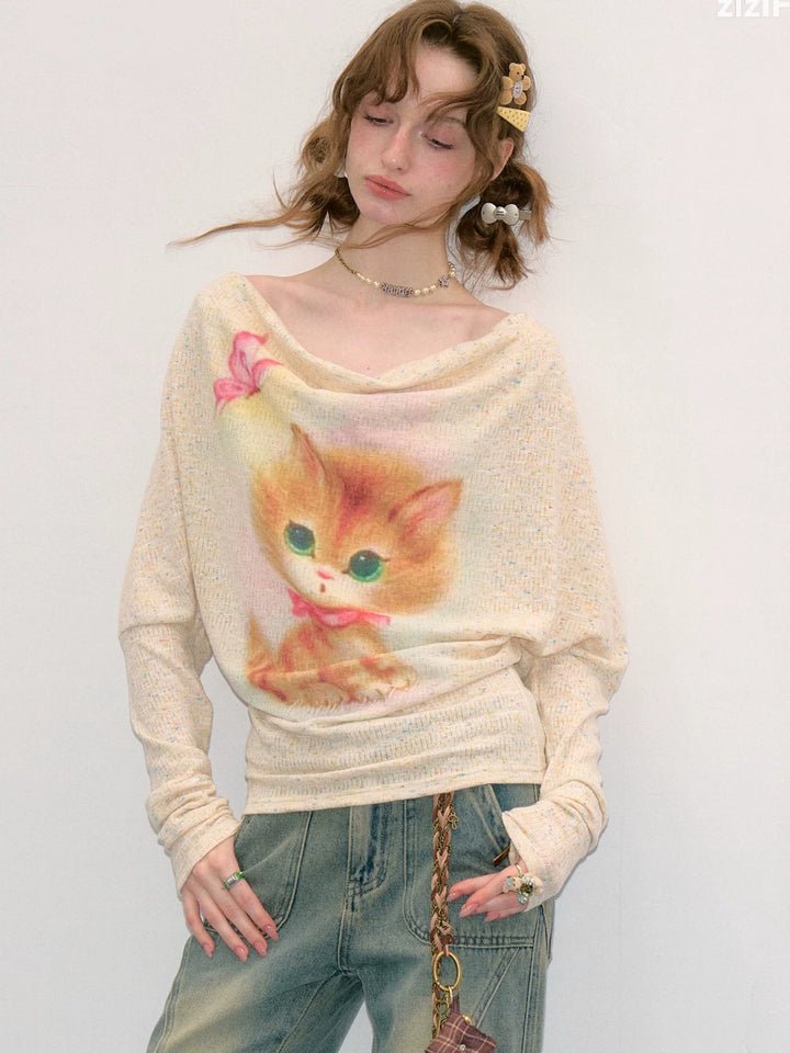Cat Graphic Cowl Neck Knit Top