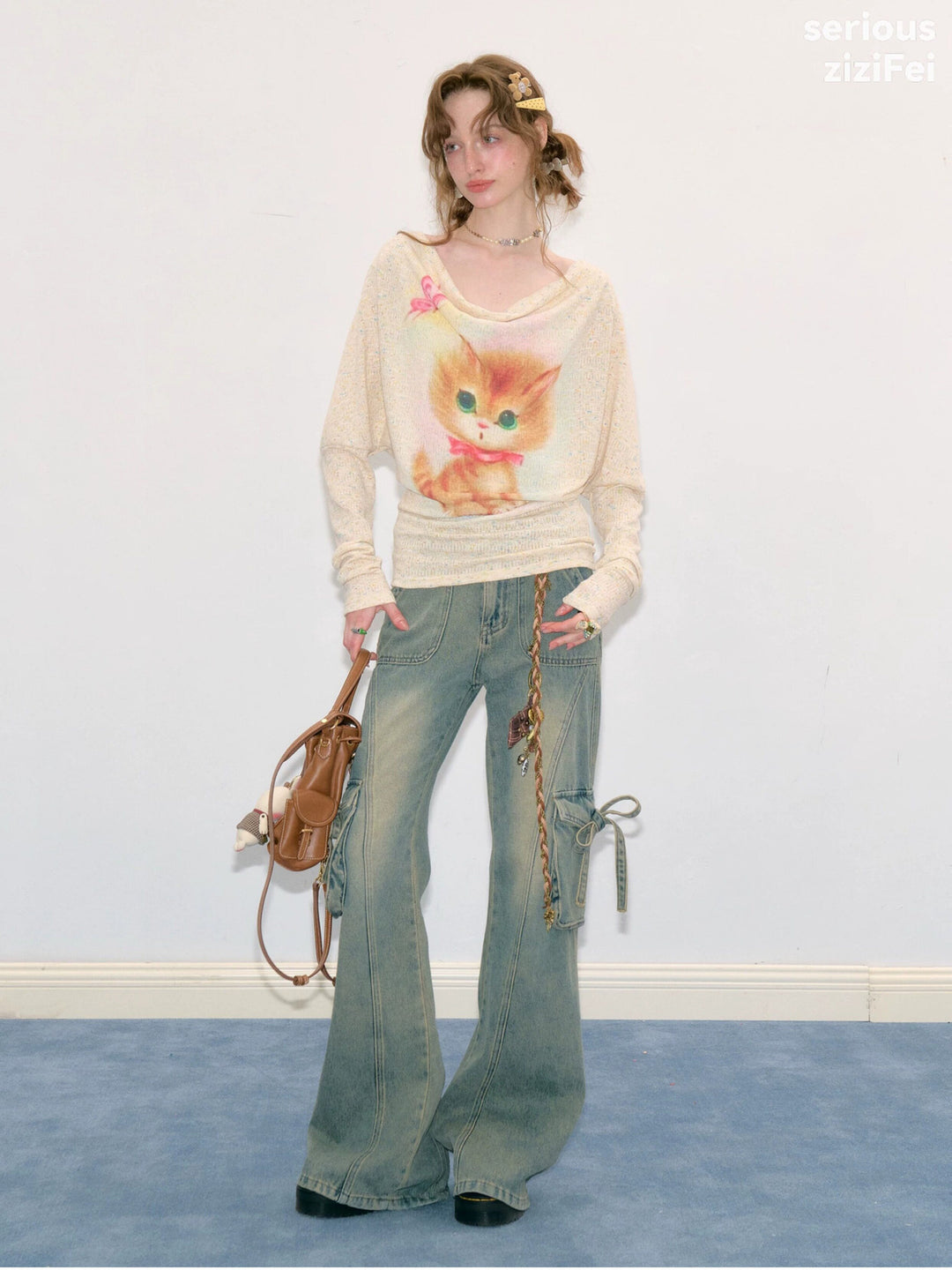 Cat Graphic Cowl Neck Knit Top