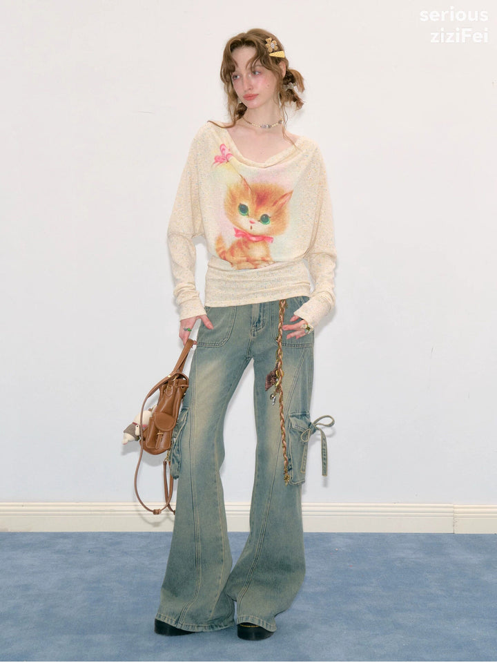 Cat Graphic Cowl Neck Knit Top