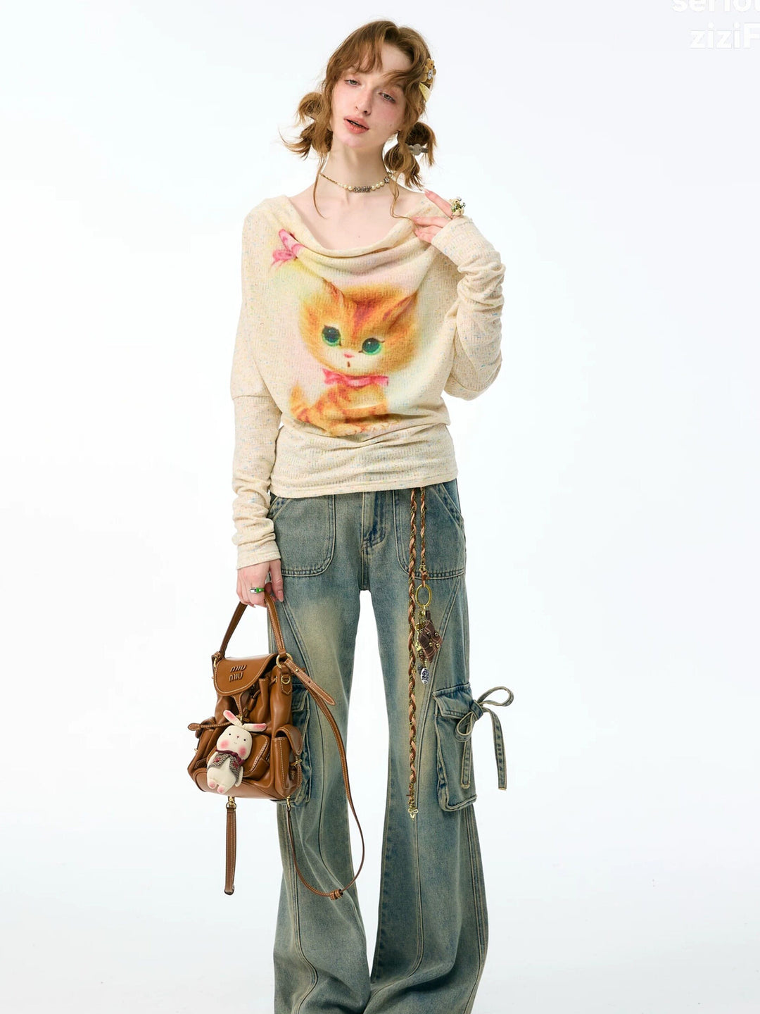Cat Graphic Cowl Neck Knit Top