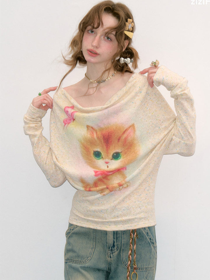 Cat Graphic Cowl Neck Knit Top