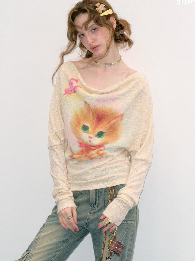 Cat Graphic Cowl Neck Knit Top