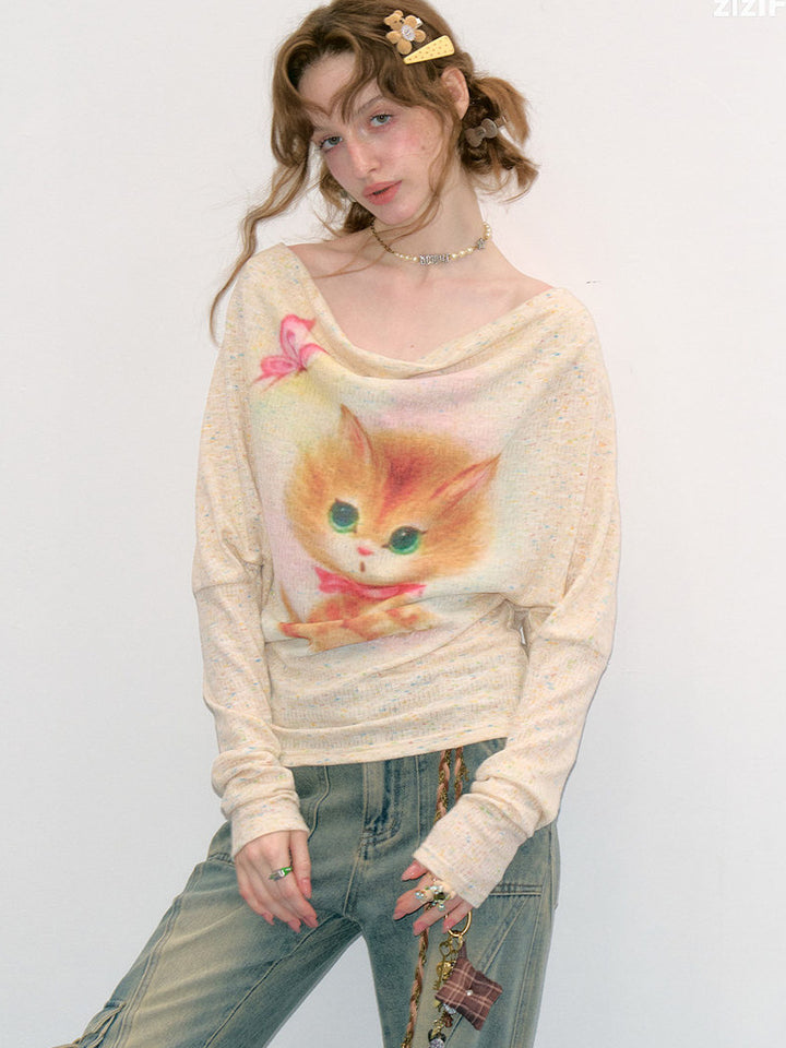 Cat Graphic Cowl Neck Knit Top