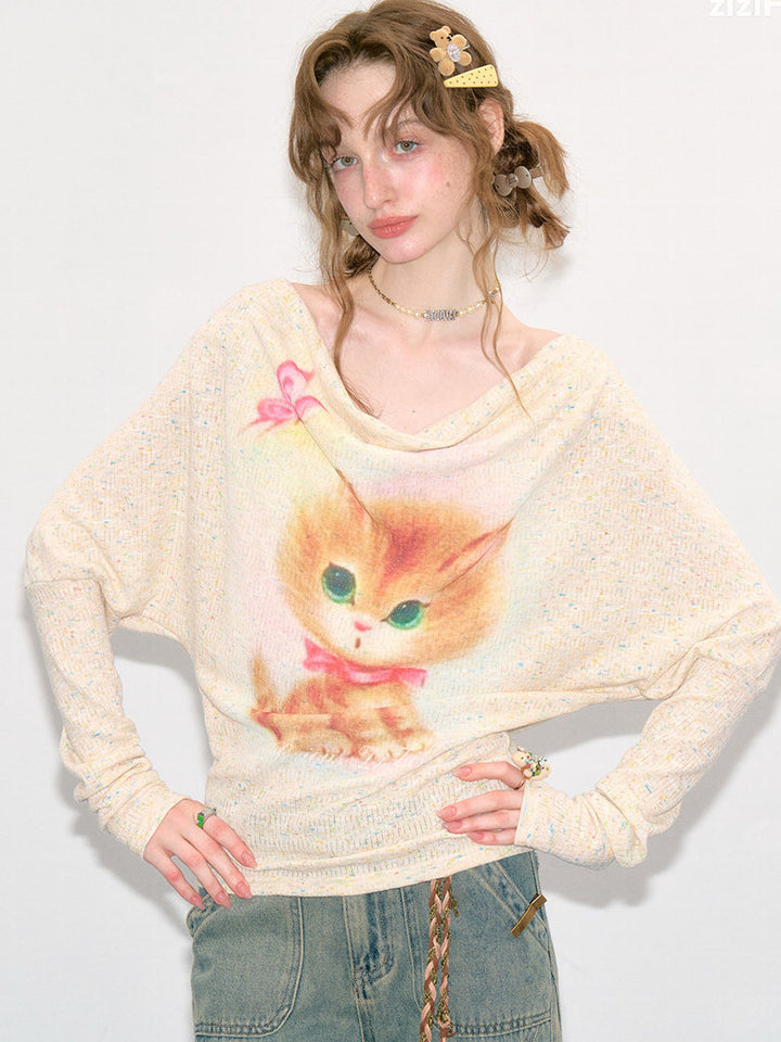 Cat Graphic Cowl Neck Knit Top