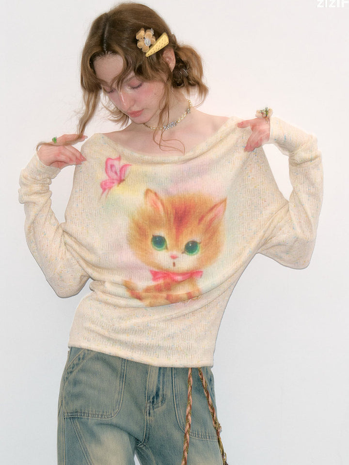 Cat Graphic Cowl Neck Knit Top