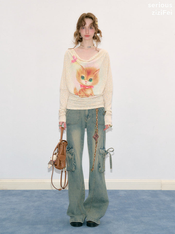 Cat Graphic Cowl Neck Knit Top