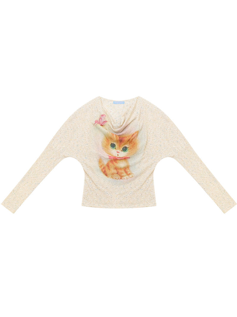 Cat Graphic Cowl Neck Knit Top