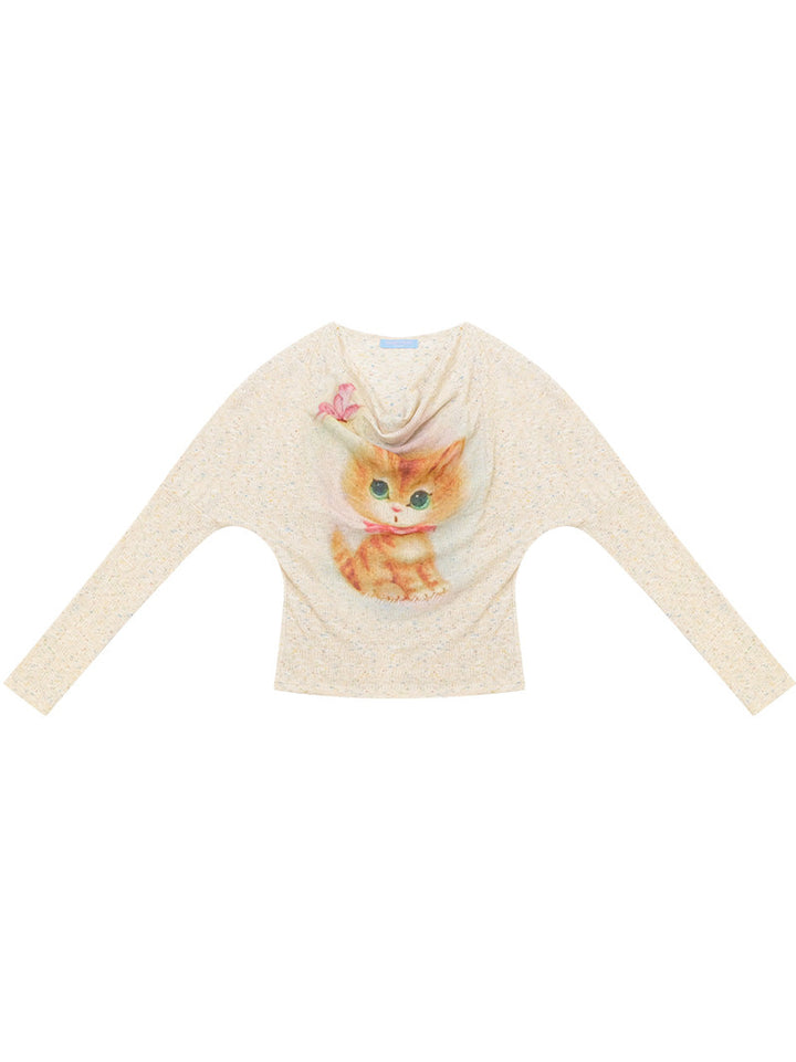 Cat Graphic Cowl Neck Knit Top