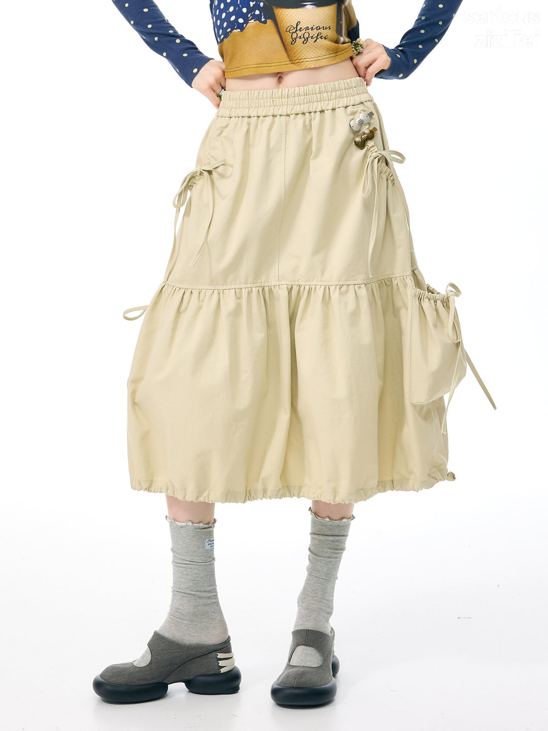 Khaki Drawstring Cargo Midi Skirt