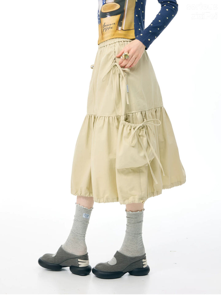 Khaki Drawstring Cargo Midi Skirt