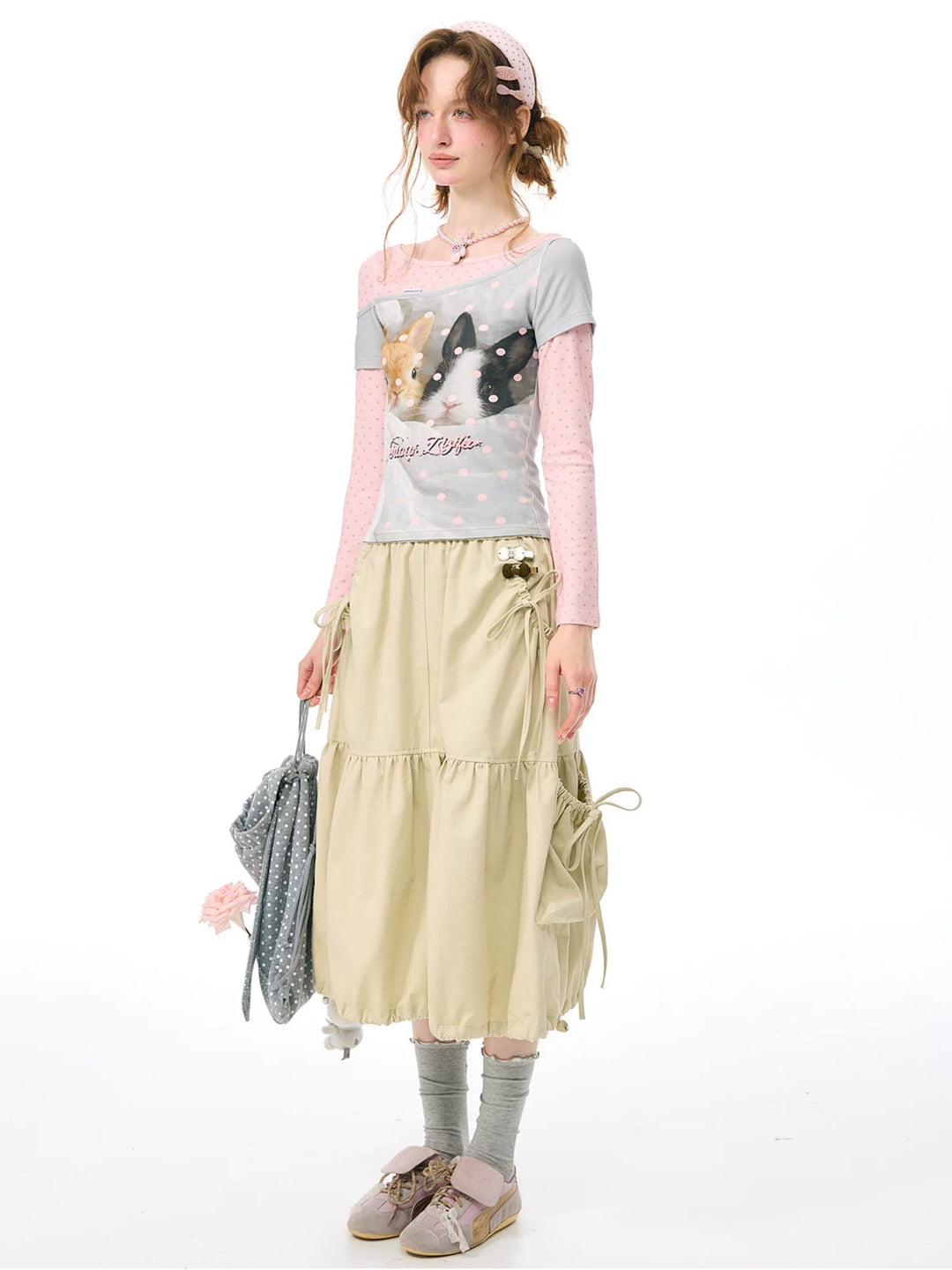 Khaki Drawstring Cargo Midi Skirt