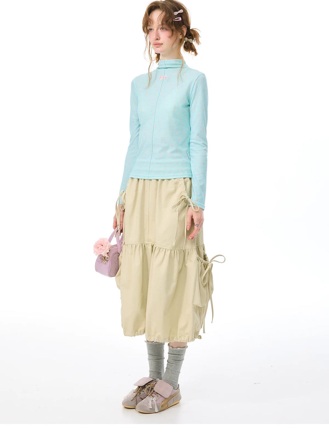Khaki Drawstring Cargo Midi Skirt