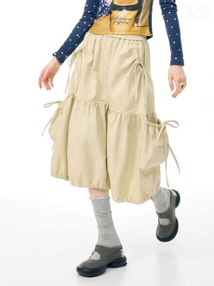 Khaki Drawstring Cargo Midi Skirt