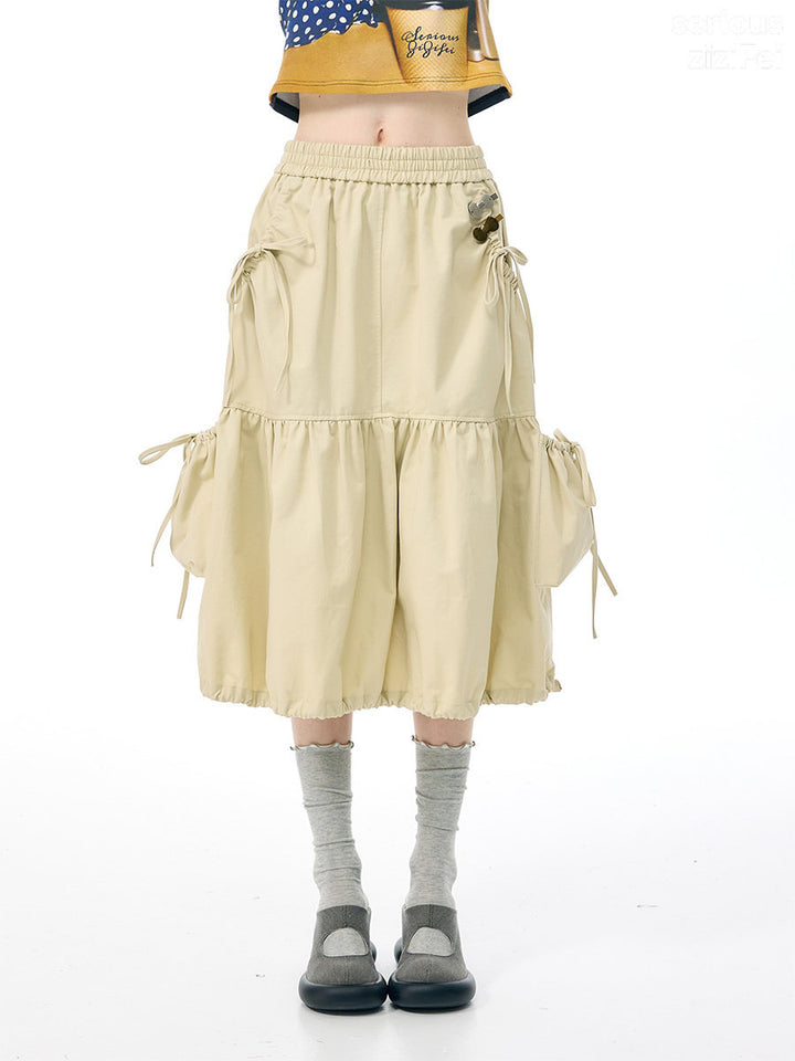 Khaki Drawstring Cargo Midi Skirt