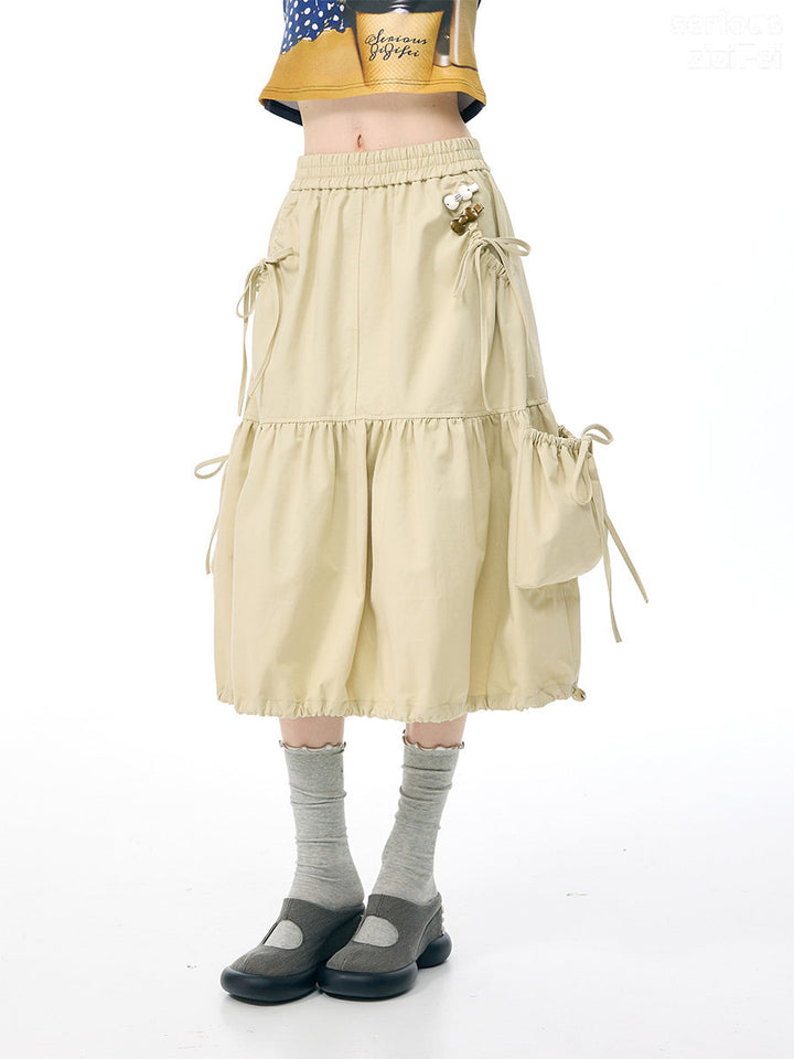 Khaki Drawstring Cargo Midi Skirt