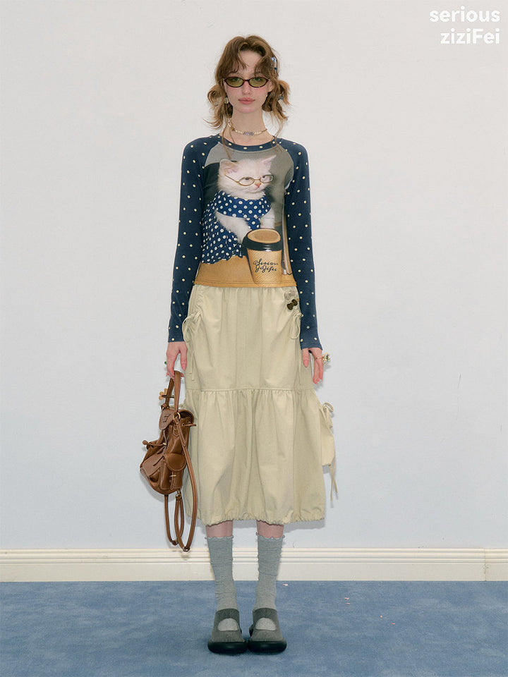 Khaki Drawstring Cargo Midi Skirt