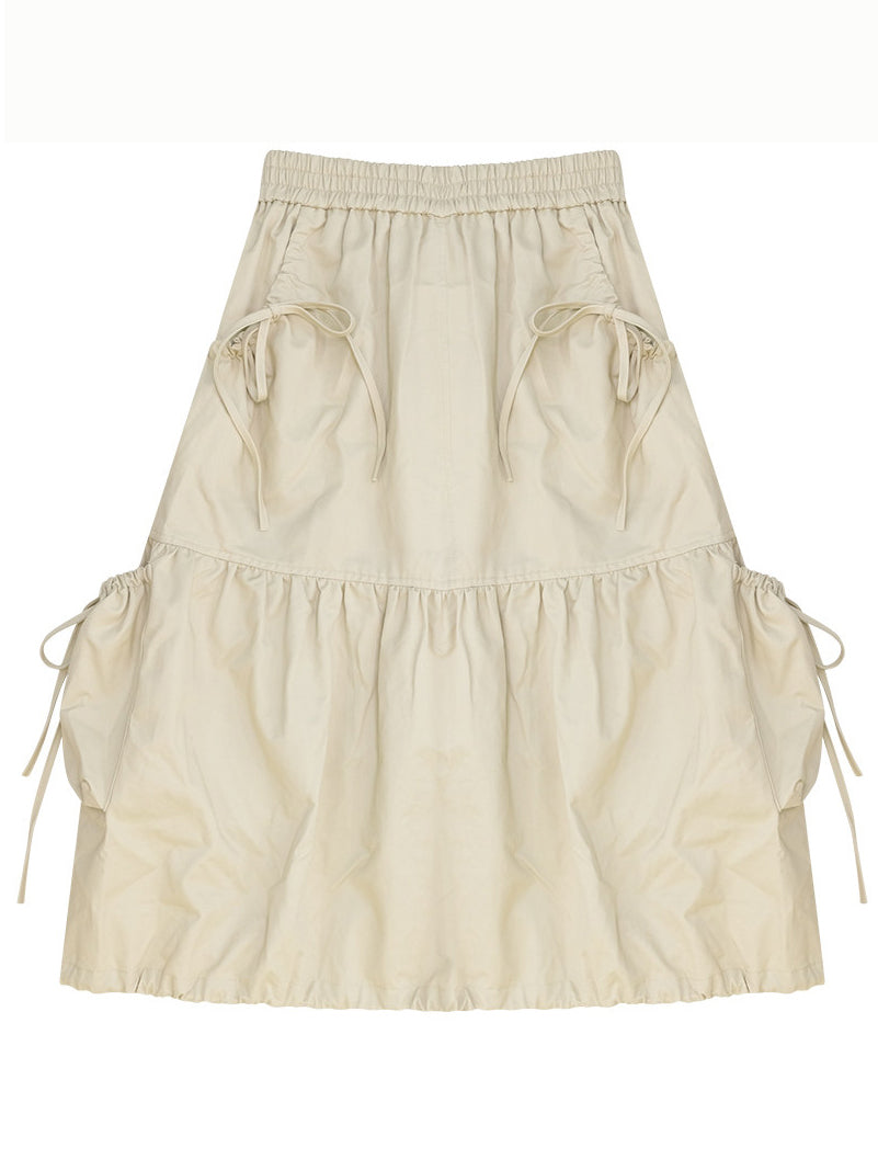 Khaki Drawstring Cargo Midi Skirt