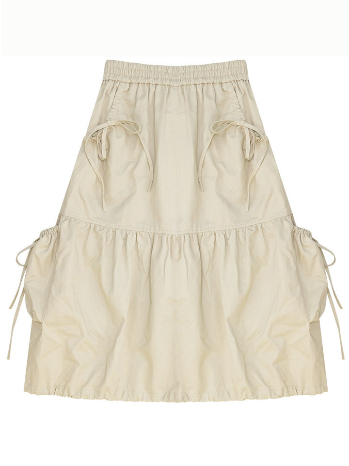 Khaki Drawstring Cargo Midi Skirt