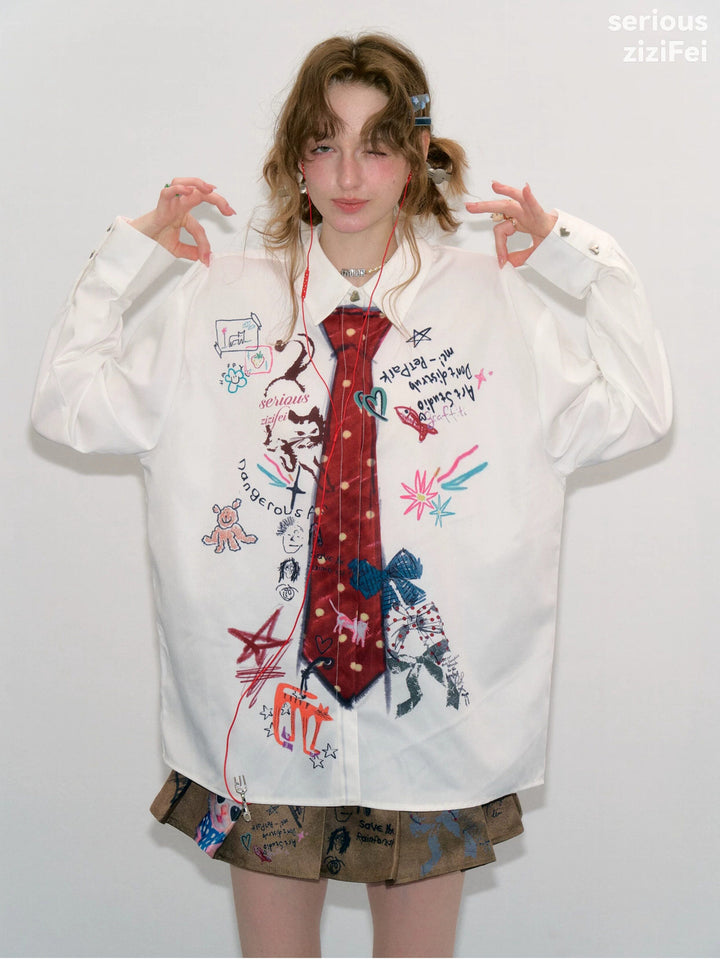 Graffiti Tie Print Oversized Shirt