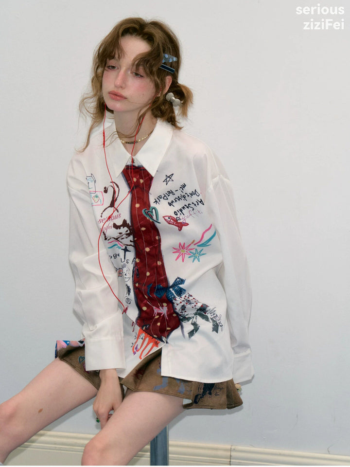 Graffiti Tie Print Oversized Shirt