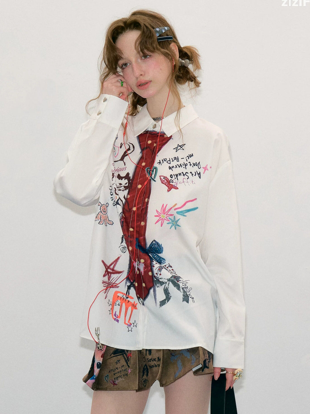 Graffiti Tie Print Oversized Shirt