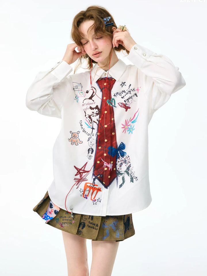 Graffiti Tie Print Oversized Shirt