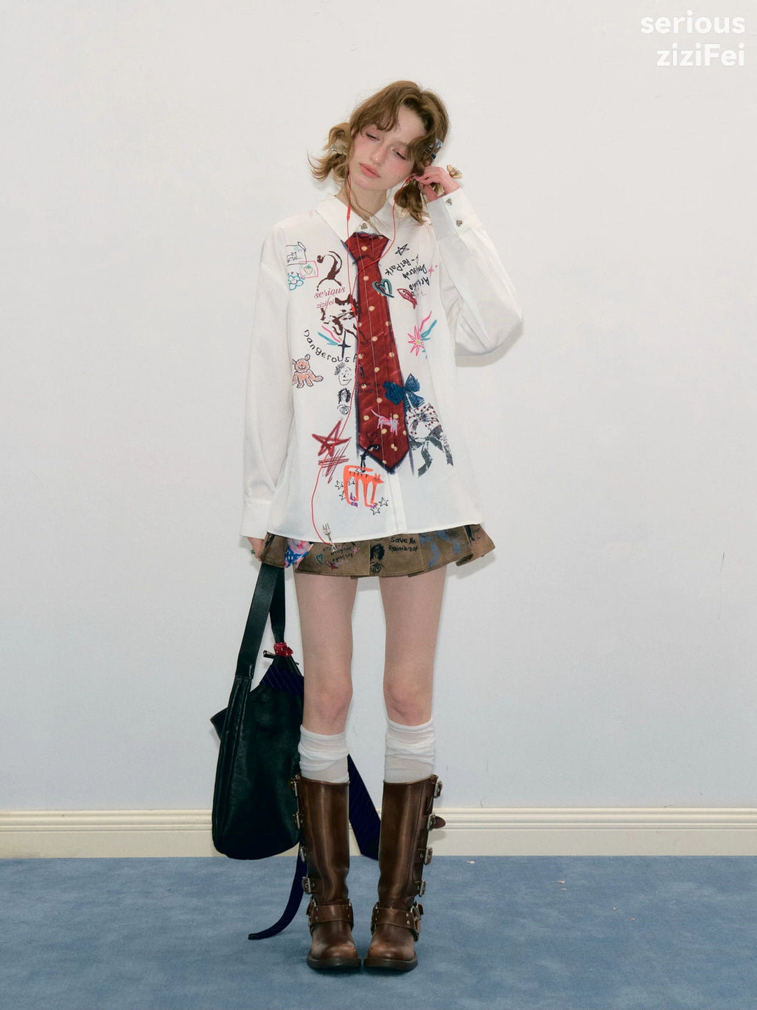 Graffiti Tie Print Oversized Shirt