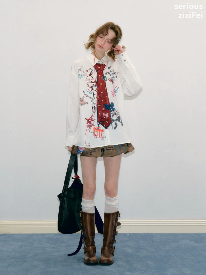 Graffiti Tie Print Oversized Shirt