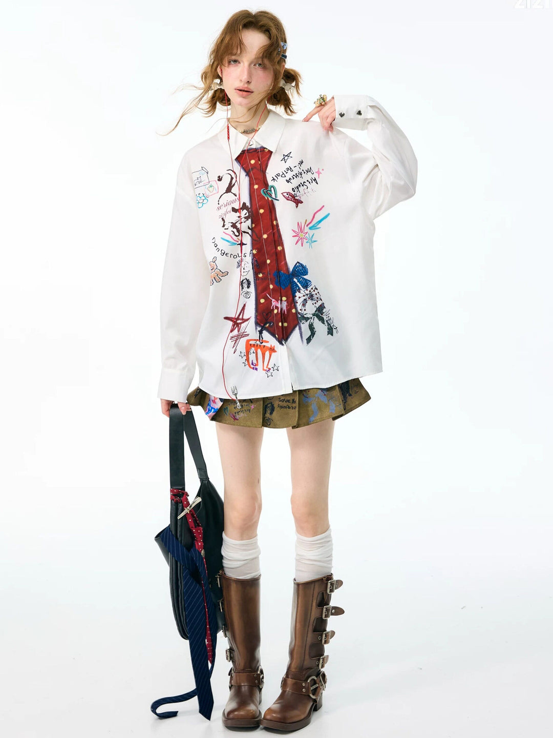 Graffiti Tie Print Oversized Shirt