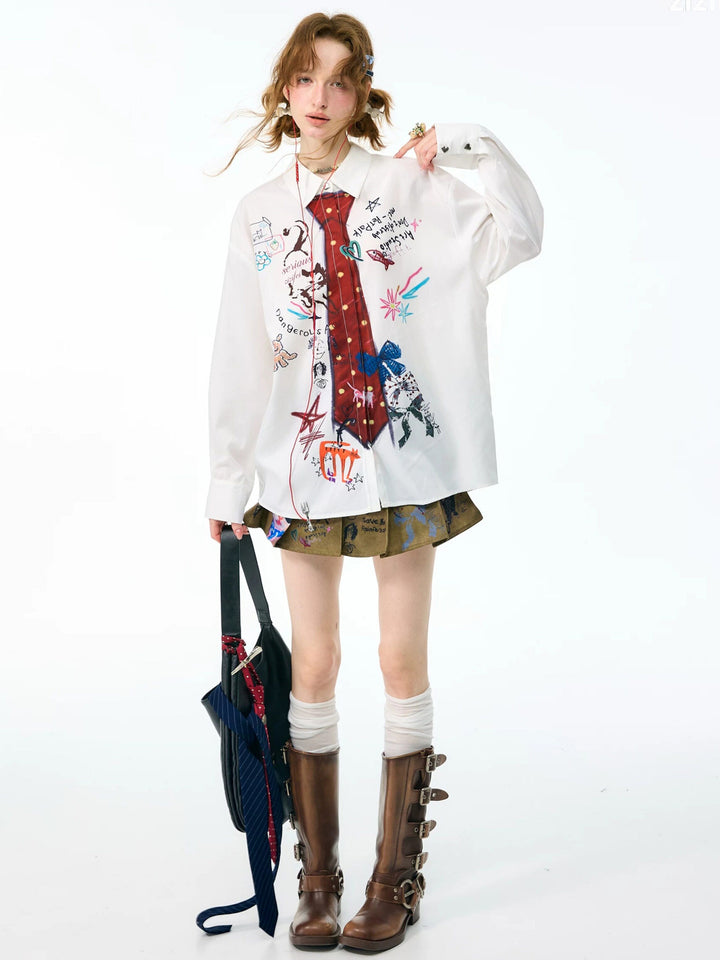 Graffiti Tie Print Oversized Shirt