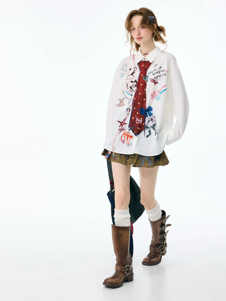 Graffiti Tie Print Oversized Shirt
