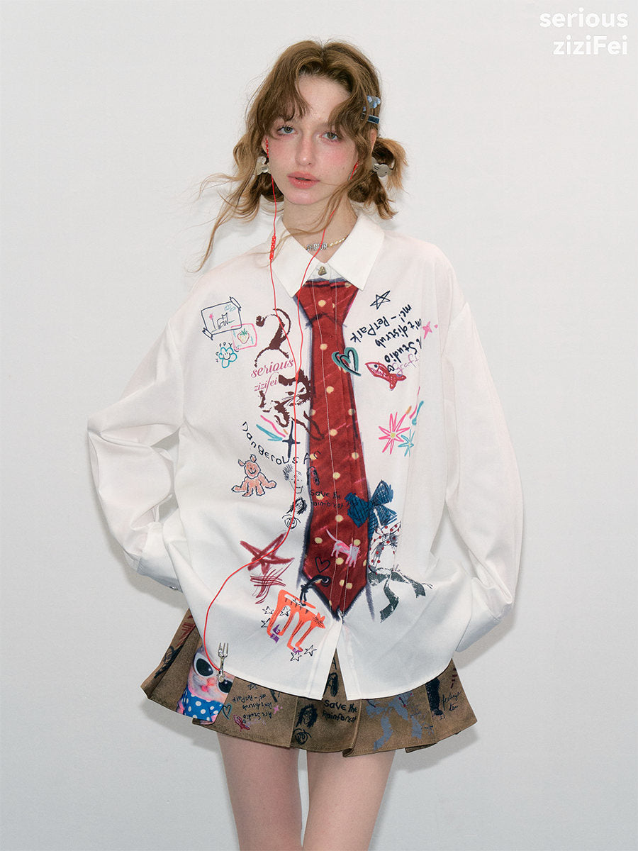 Graffiti Tie Print Oversized Shirt