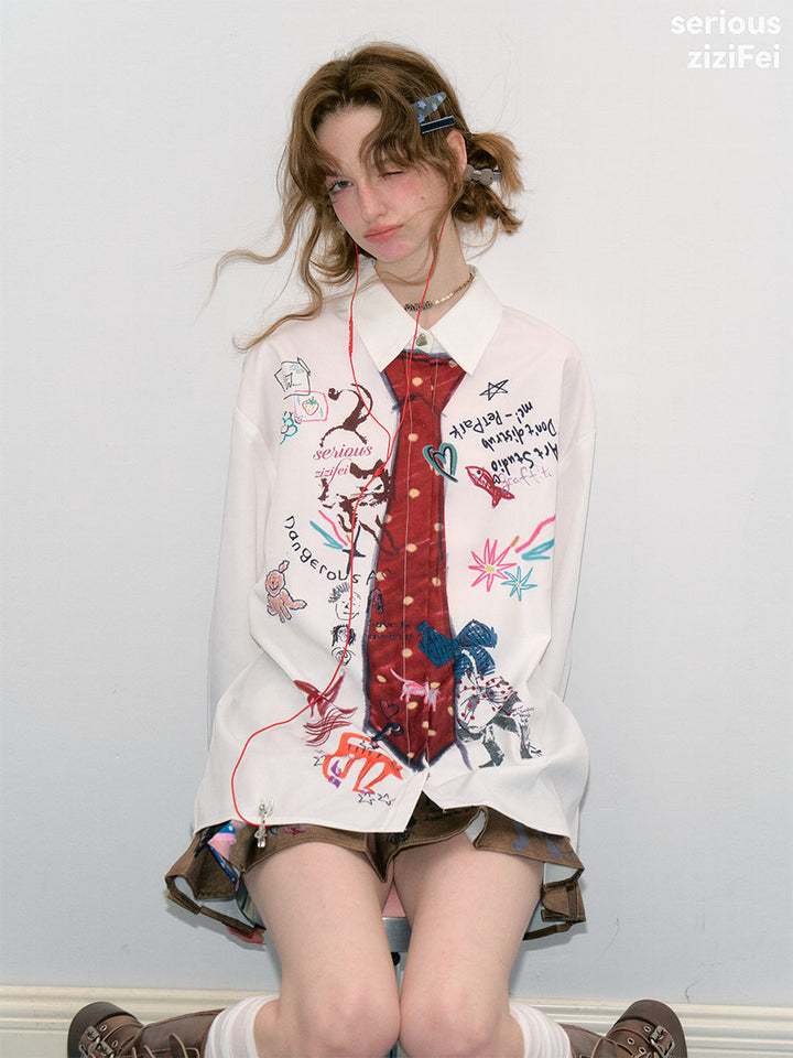Graffiti Tie Print Oversized Shirt