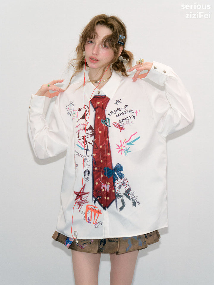 Graffiti Tie Print Oversized Shirt