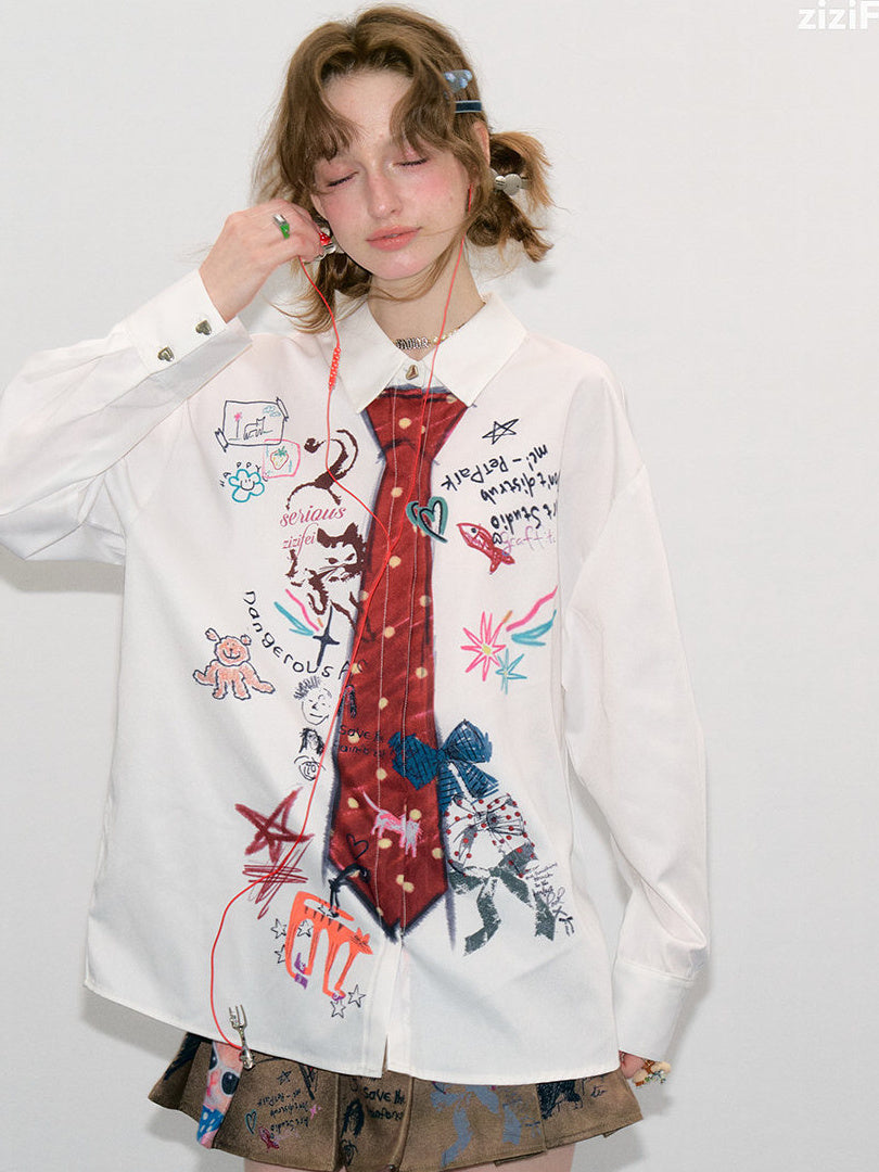 Graffiti Tie Print Oversized Shirt