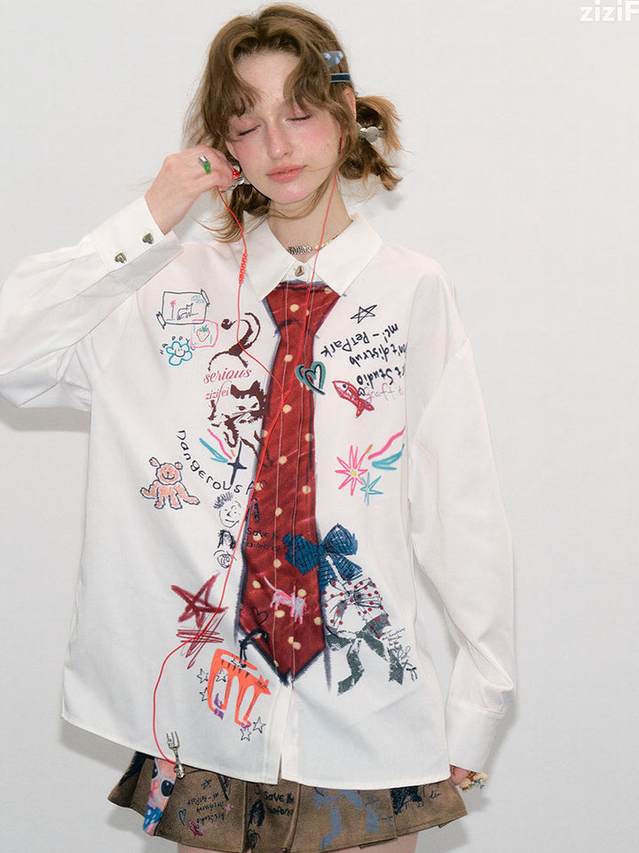 Graffiti Tie Print Oversized Shirt