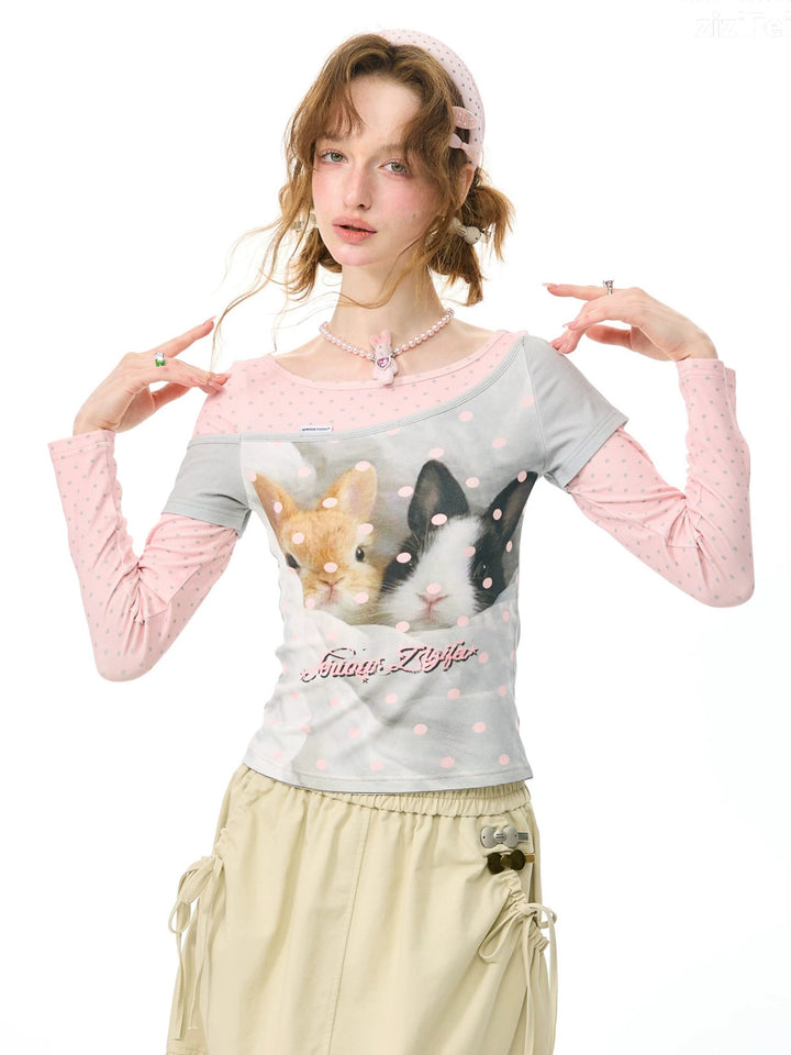 Bunny Graphic Faux-Layered Long Sleeve Tee