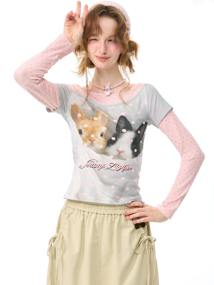 Bunny Graphic Faux-Layered Long Sleeve Tee