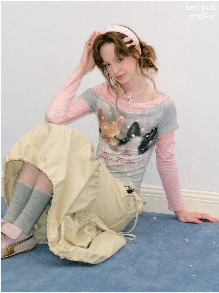 Bunny Graphic Faux-Layered Long Sleeve Tee