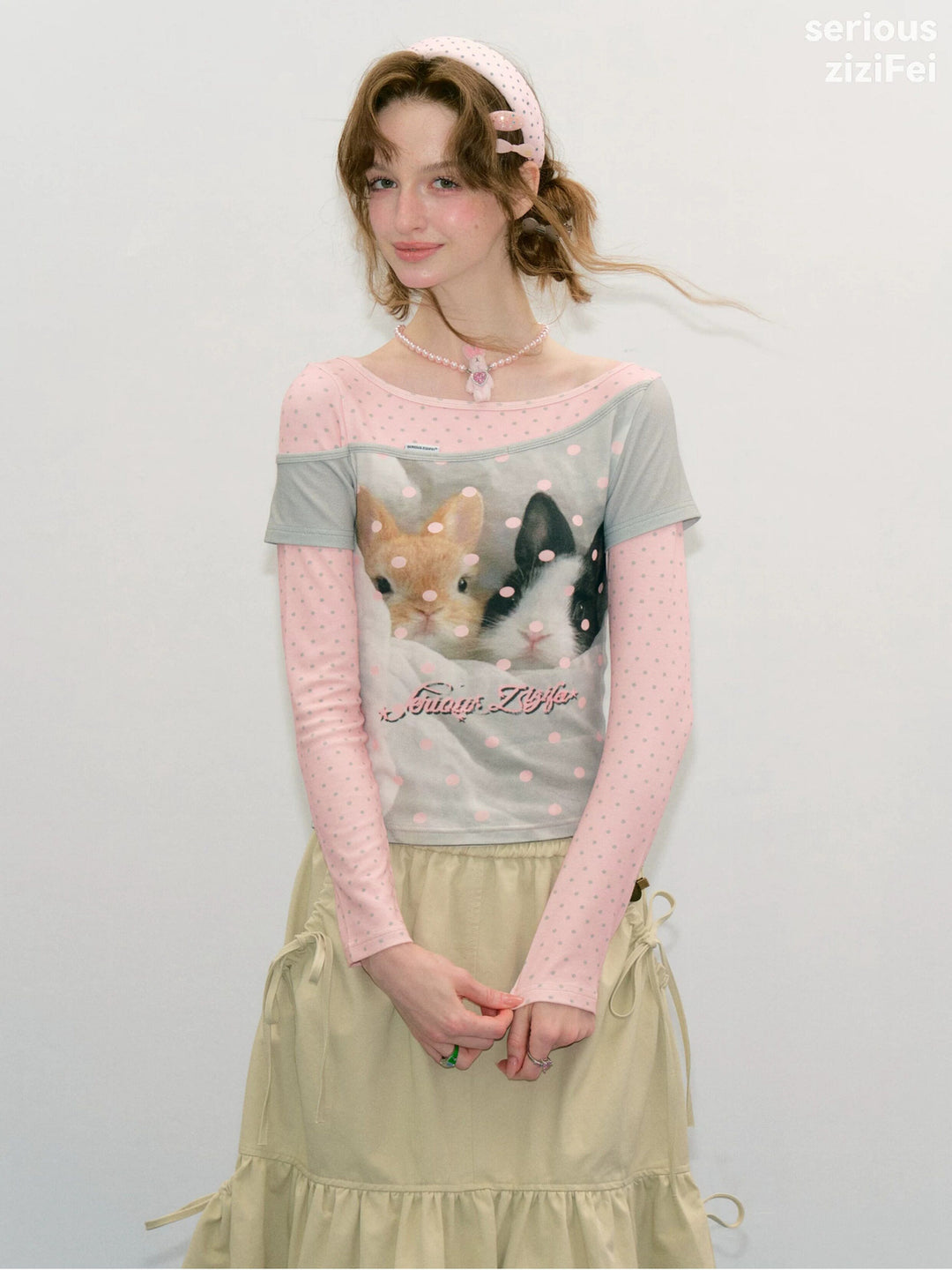 Bunny Graphic Faux-Layered Long Sleeve Tee