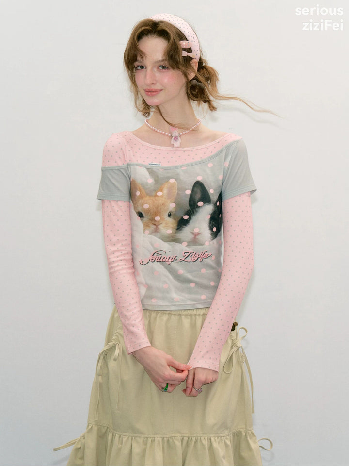 Bunny Graphic Faux-Layered Long Sleeve Tee