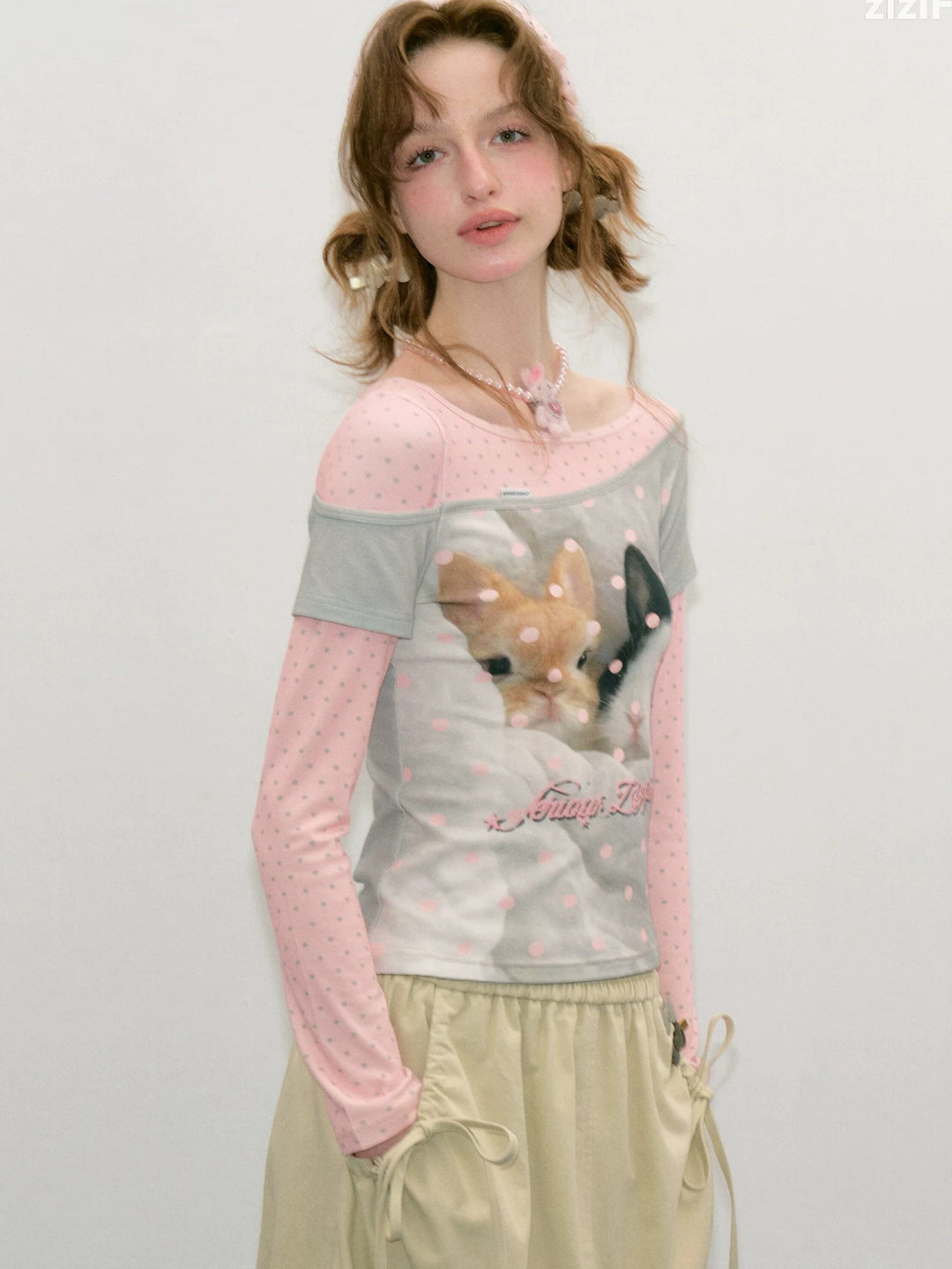 Bunny Graphic Faux-Layered Long Sleeve Tee