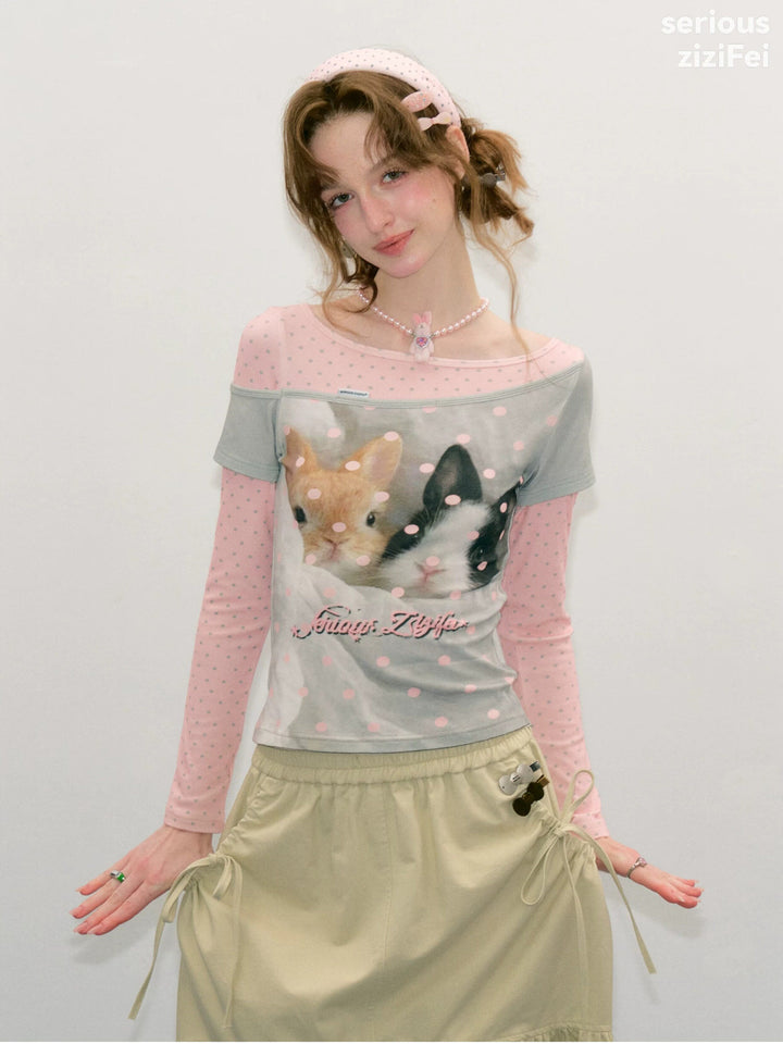Bunny Graphic Faux-Layered Long Sleeve Tee