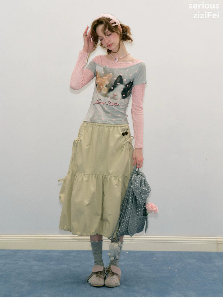 Bunny Graphic Faux-Layered Long Sleeve Tee