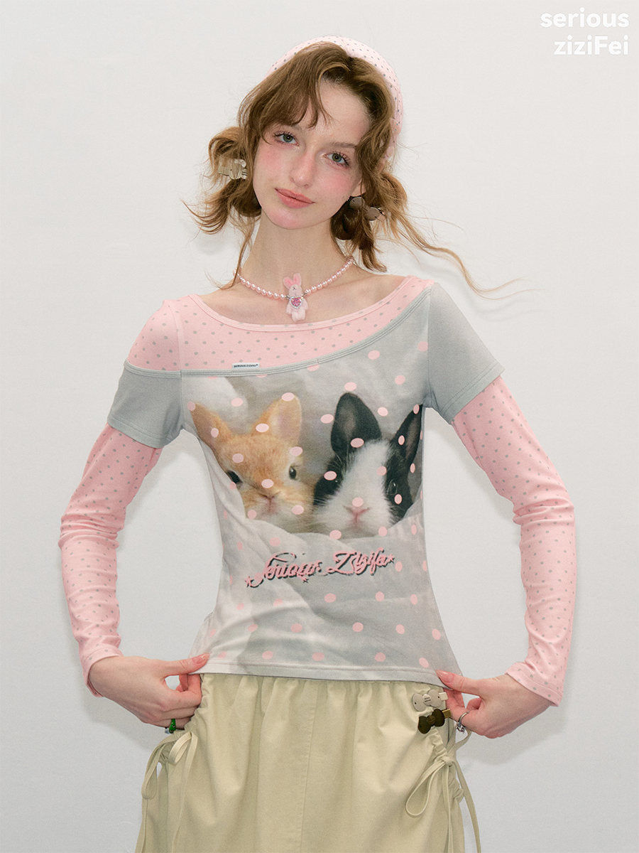 Bunny Graphic Faux-Layered Long Sleeve Tee