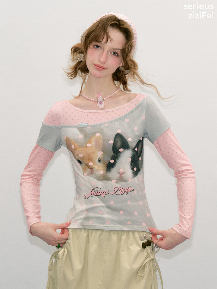 Bunny Graphic Faux-Layered Long Sleeve Tee