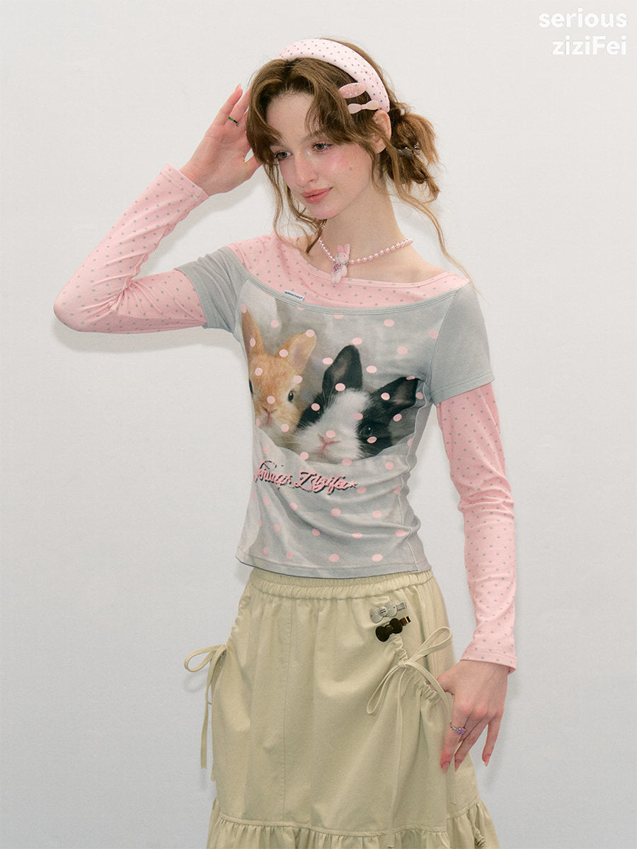 Bunny Graphic Faux-Layered Long Sleeve Tee