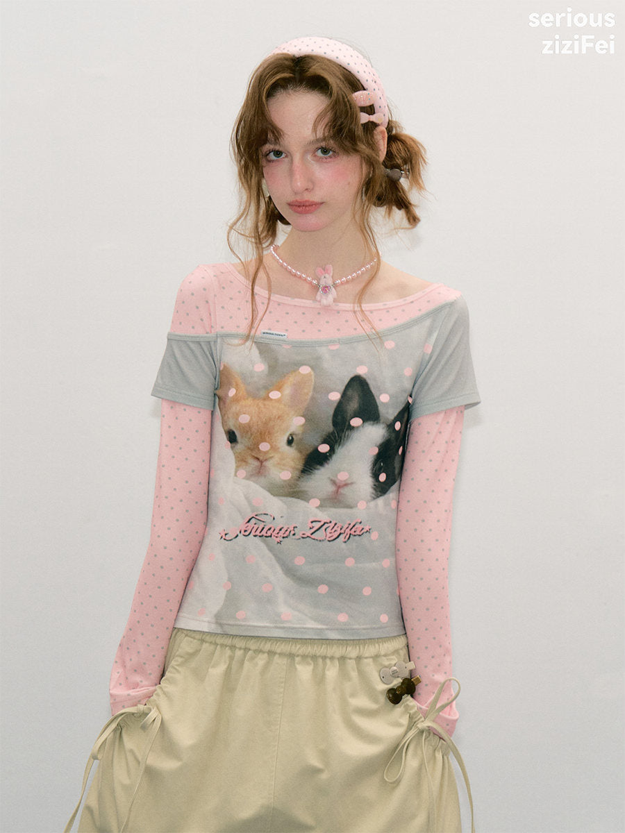 Bunny Graphic Faux-Layered Long Sleeve Tee